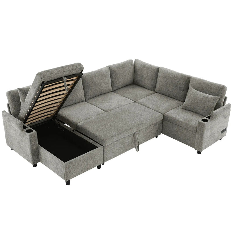 U-Shaped Sectional Sleeper Sofa With Ample Storage Space, 2 Cup Holders And Charging Ports For Living Room by HouseOfZazla
