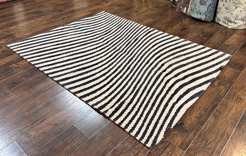 Vintage Zebra Stripes Shag Rug 5.7 x 7.4, Black and White, Retro, Wool by Jewel Rugs