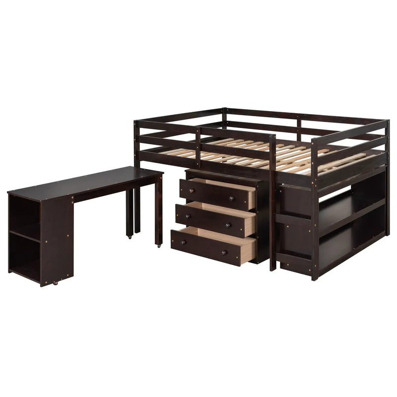 Loft Low Study Bed With Cabinet, Shelves And Rolling Portable Desk, Multiple Functions by HouseOfZazla