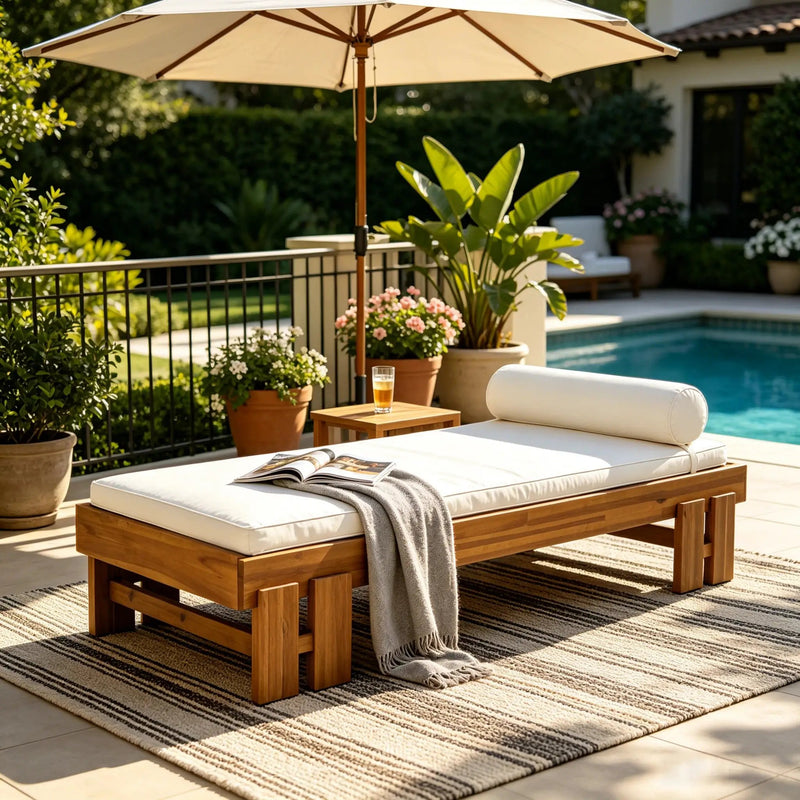 Teak Finish Acacia Wood Daybed with Cream Cushion by HouseOfZazla