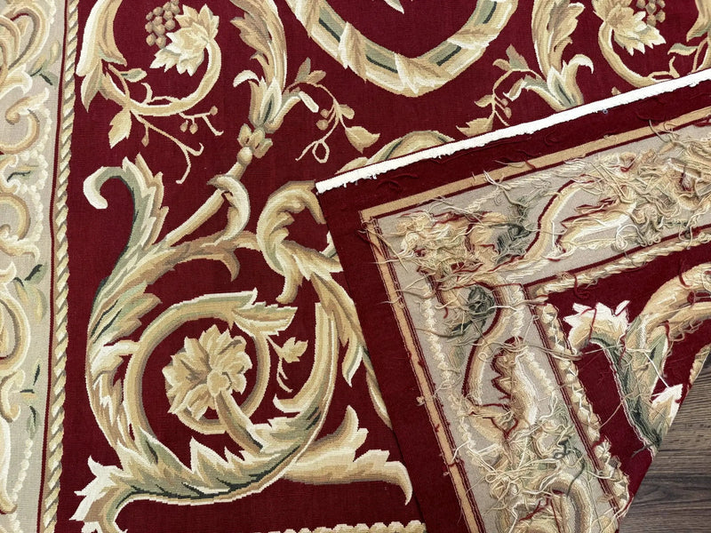 Burgundy Aubusson Rug 6x9, Vintage Wool Carpet by Jewel Rugs
