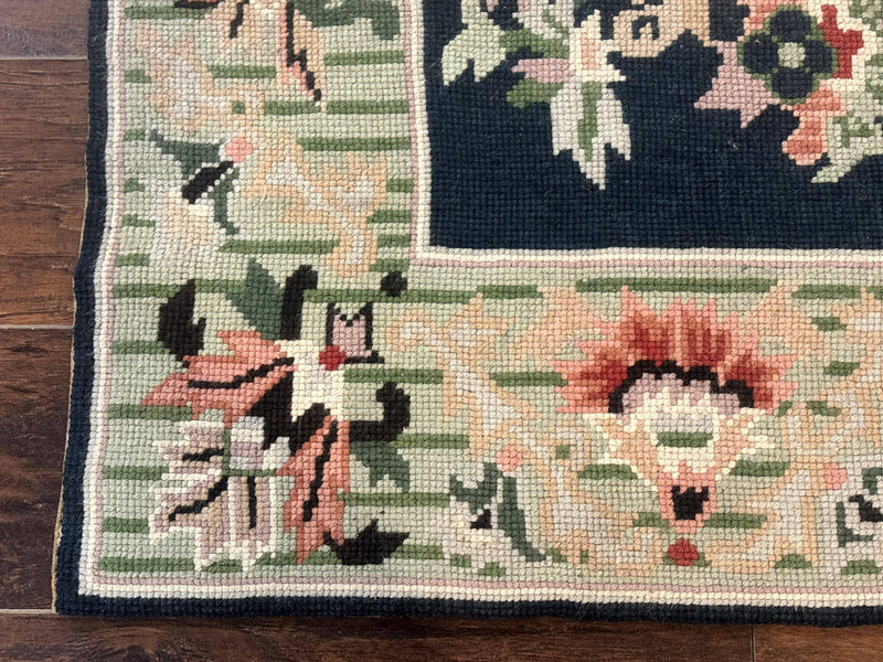 Vintage American Needlepoint Rug 4x6, Dark Green, Wool, Handmade, Flatweave Carpet by Jewel Rugs