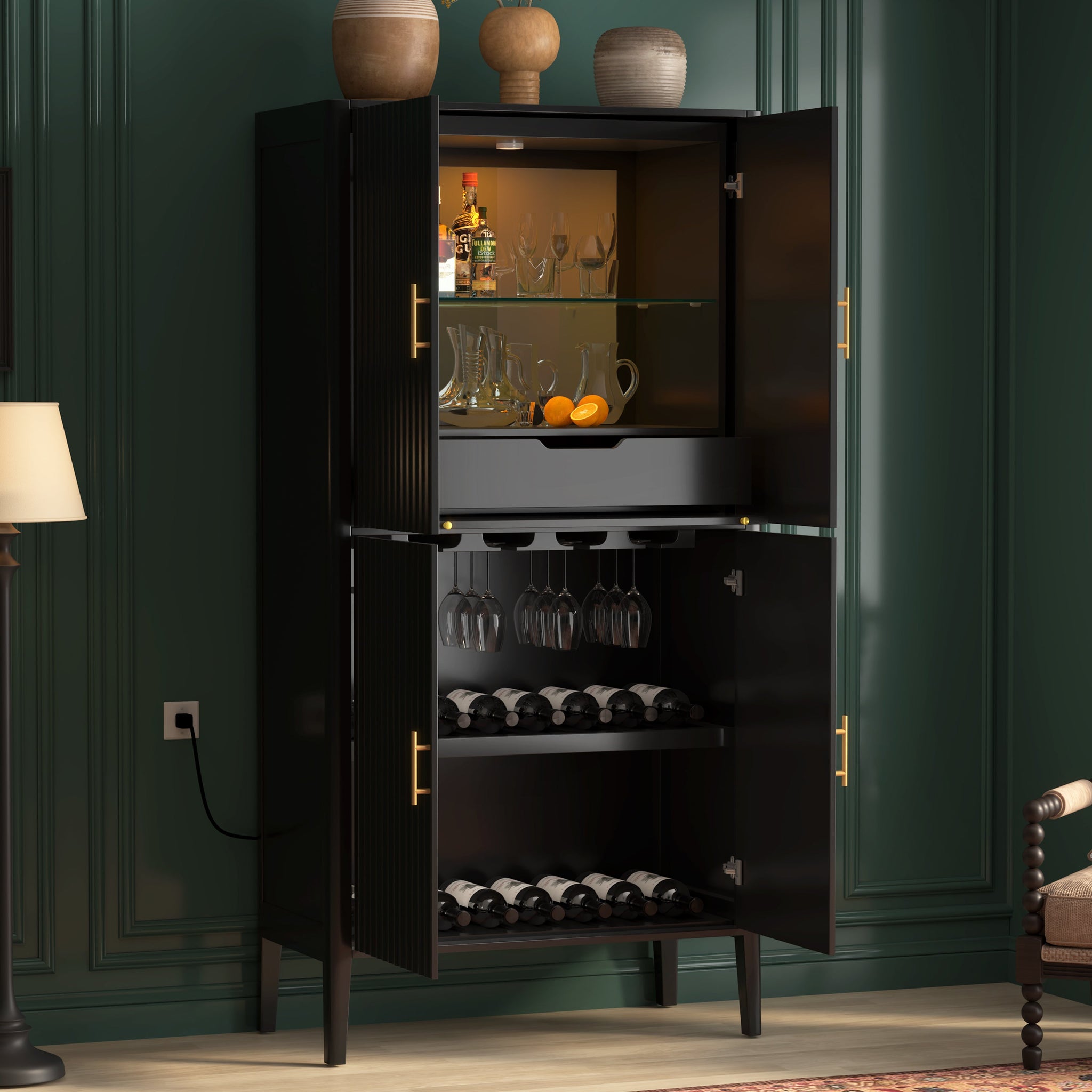 U_STYLE Modern Fluted Wine Cabinet with Glass Display & Stemware Rack by HouseOfZazla
