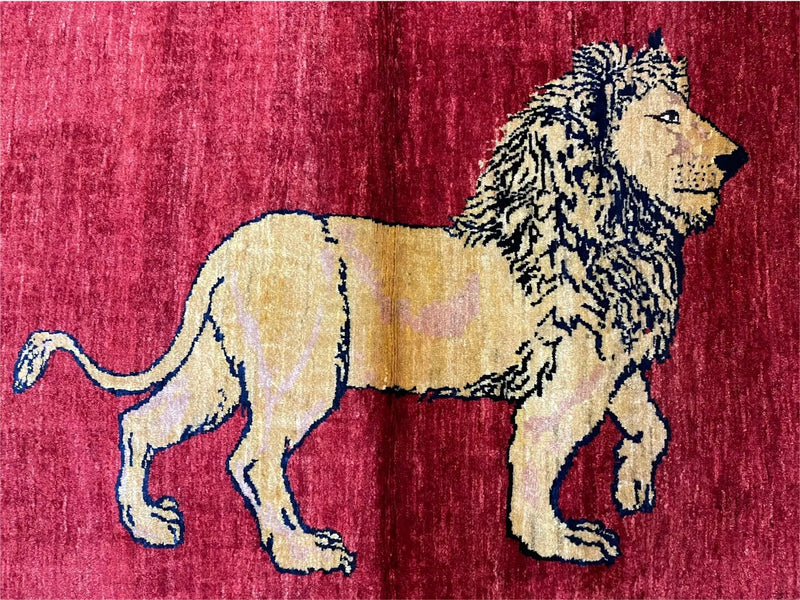 3 X 5 Handmade Hand-Knotted Quality Wool Rug New Vintage Lion Red Pictorial by Jewel Rugs