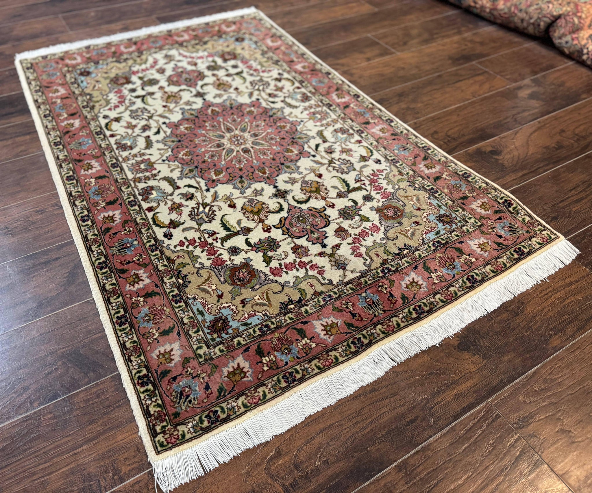 Fine Persian Tabriz Rug 3x5, Floral Medallion, 340 KPSI, Ivory Salmon by Jewel Rugs
