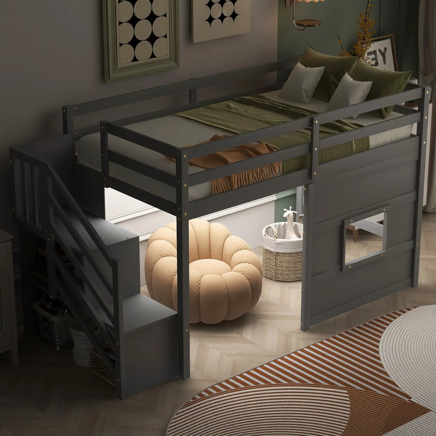Loft Bed With Storage Staircase, Window & LED Light by HouseOfZazla