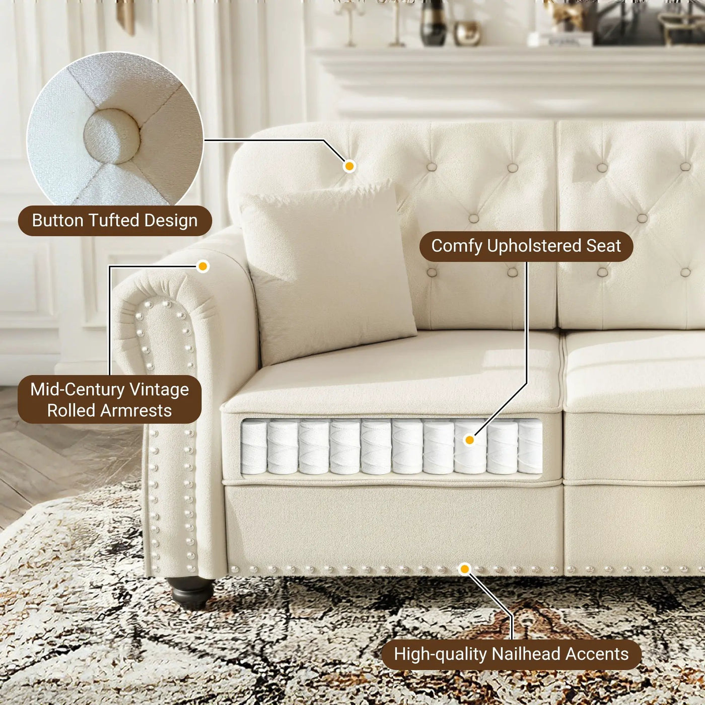 Sofa With Nailhead Trim And Rolled Armrests by HouseOfZazla