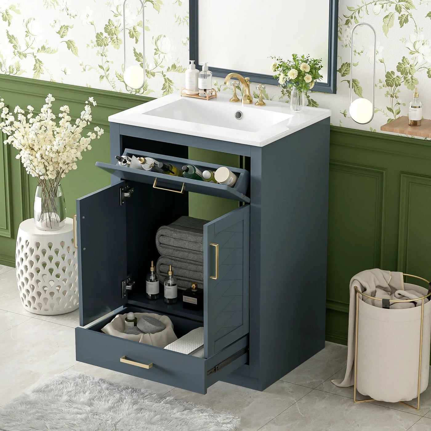 Modern Bathroom Vanity With Integrated Ceramic Sink, 2 Door Cabinet With Tip-Out Drawer by Unique Piece Furniture