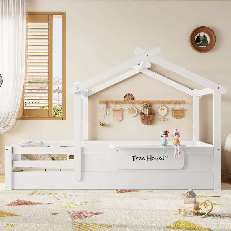 Twin Size Floor Bed with Guardrails and Roof by HouseOfZazla