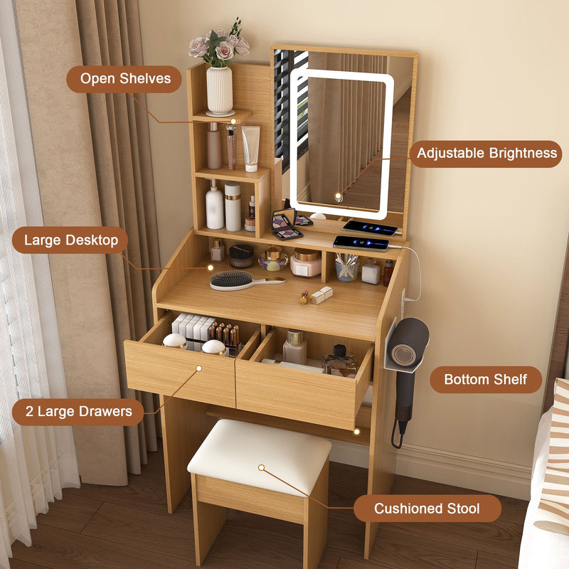 Vanity Table With LED Mirror, Power Outlet, Hairdryer Holder & Padded Stool, Compact Dressing Desk For Small Bedrooms - Wood by Unique Piece Furniture