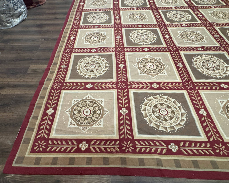 Needlepoint Rug 9x12, Panel Design, Burgundy Taupe, Elegant by Jewel Rugs