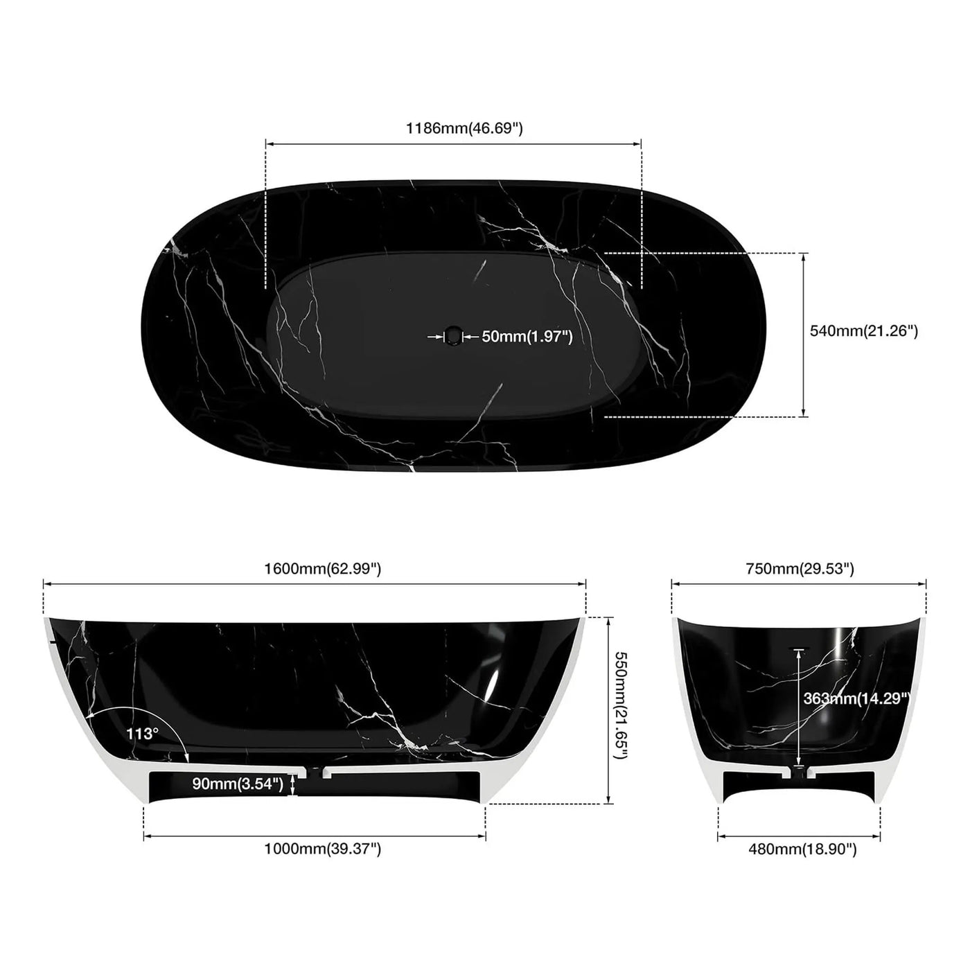 [63X29.5-Inch] Freestanding Modern Marble-Design Solid Surface Soaking Tub With Overflow (SAK11528) by SAKSBY WHOLESALE
