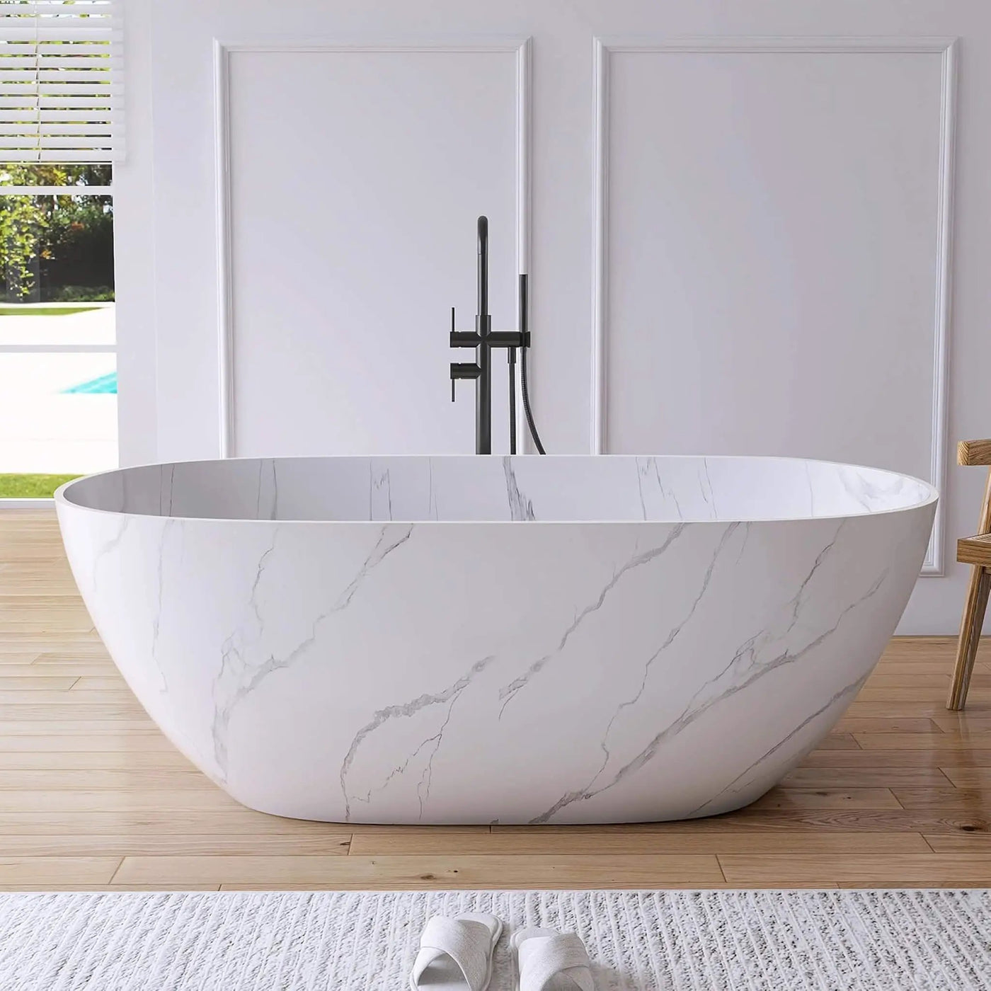 [63X29.5-Inch] Freestanding Modern Marble-Design Solid Surface Soaking Tub With Overflow (SAK11528) by SAKSBY WHOLESALE