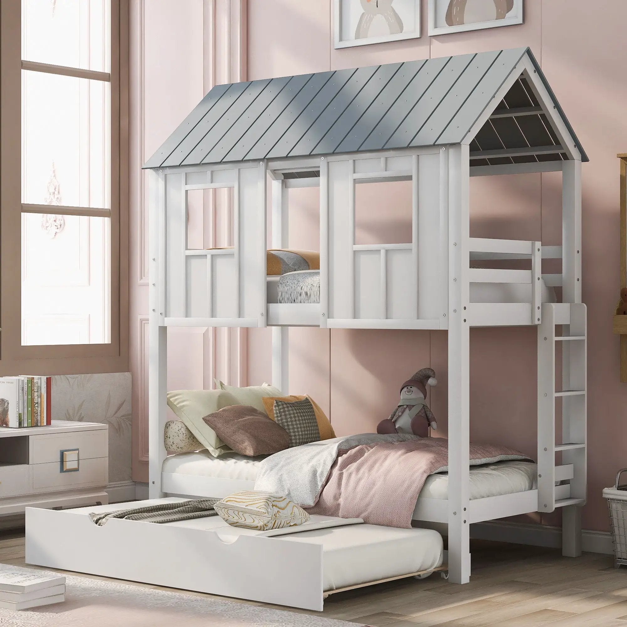 Twin Size House Bunk Bed With Trundle, Roof And Windows - White / Gray by Unique Piece Furniture