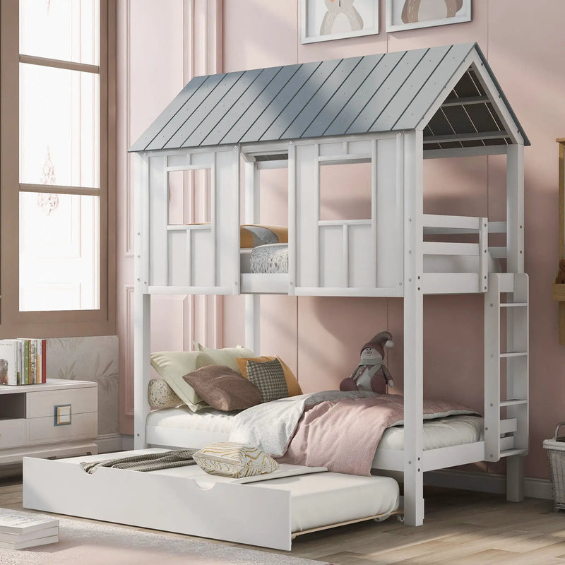 Twin Size House Bunk Bed With Trundle, Roof And Windows - White / Gray by Unique Piece Furniture