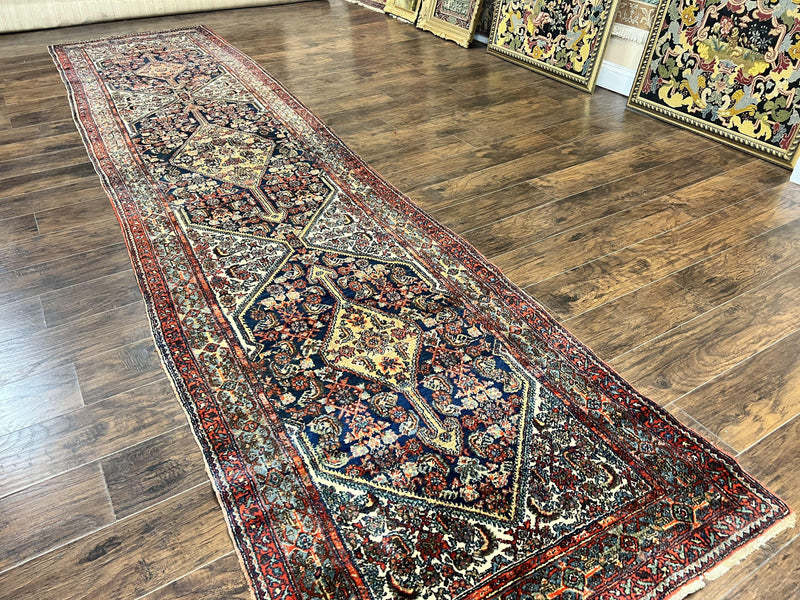 Antique Persian Runner Rug 3.7 x 15.8, Navy Blue Multicolor, Hand Knotted Handmade Wool Rug for Hallway, Geometric Medallions, Persian Hamadan Rug by Jewel Rugs