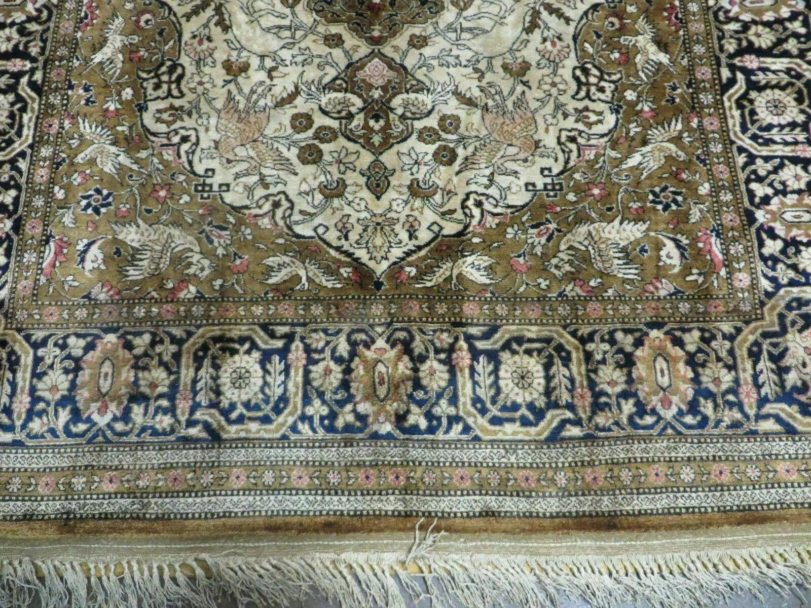 Handmade Silk Rug 3x5, Vintage Antique Silk Carpet, Hand-Knotted Oriental Rug 3 x 5, Animal Motifs, Deer Birds, One-Of-A-Kind by Jewel Rugs