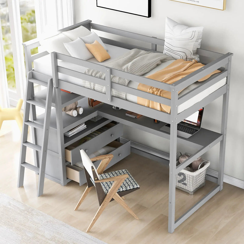 Modern Loft Bed With Built In Desk, Shelves, And 2 Drawers by Unique Piece Furniture