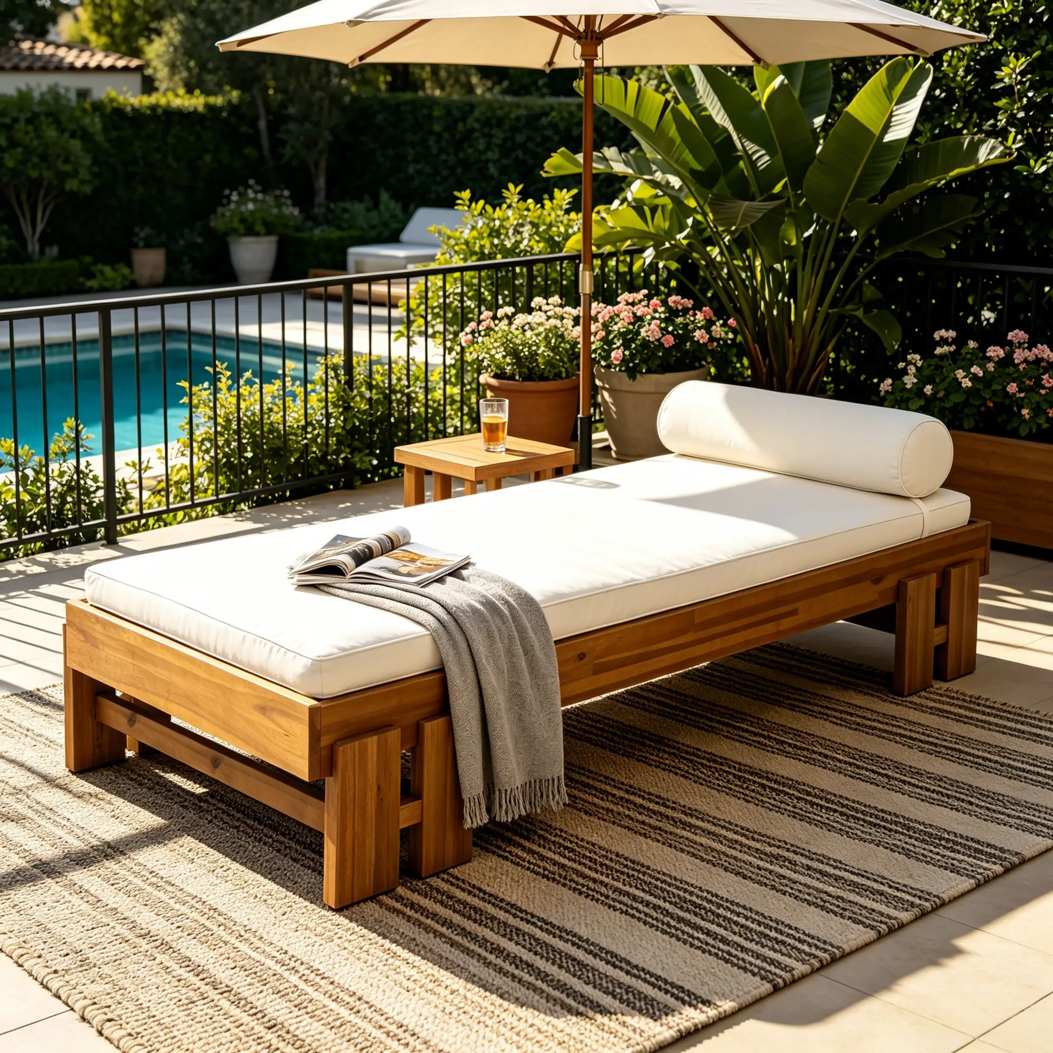 Teak Finish Acacia Wood Daybed with Cream Cushion by HouseOfZazla