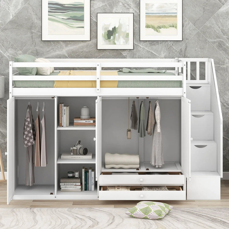Loft Bed With 3 Shelves, 2 Wardrobes, 2 Drawers, Ladder Storage by Unique Piece Furniture