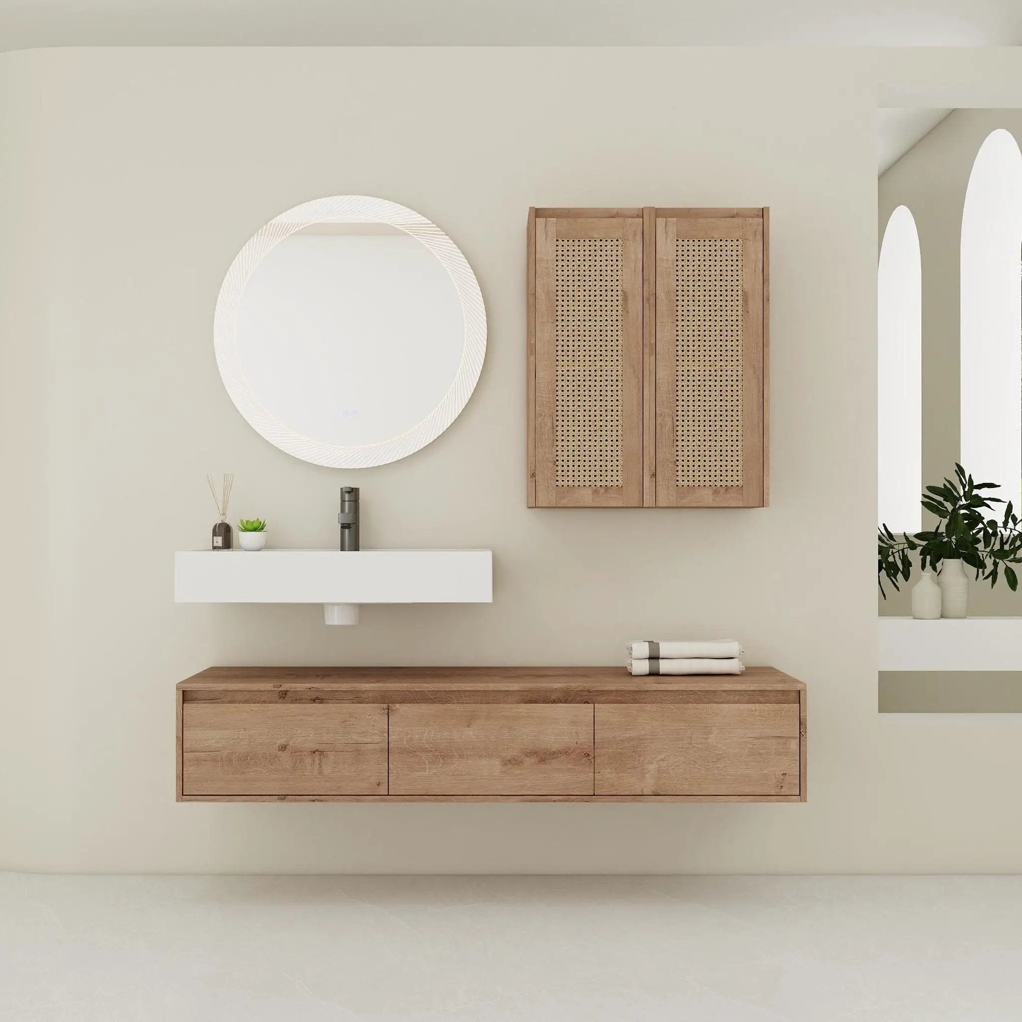 Modern Wall Mounted Bathroom Vanity With Resin Sink And 2 Side Cabinet, Imitative, Construction - Imitative Oak by Unique Piece Furniture