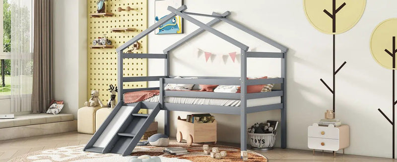 Low Loft House Bed With Slide, Ladder, Safety Guardrails, House Roof Frame by HouseOfZazla