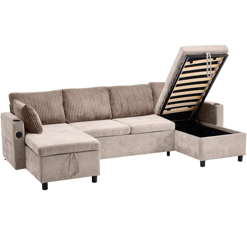 Sectional Sofa Bed With Pull Out Sleeper, USB Ports, Cup Holders by HouseOfZazla