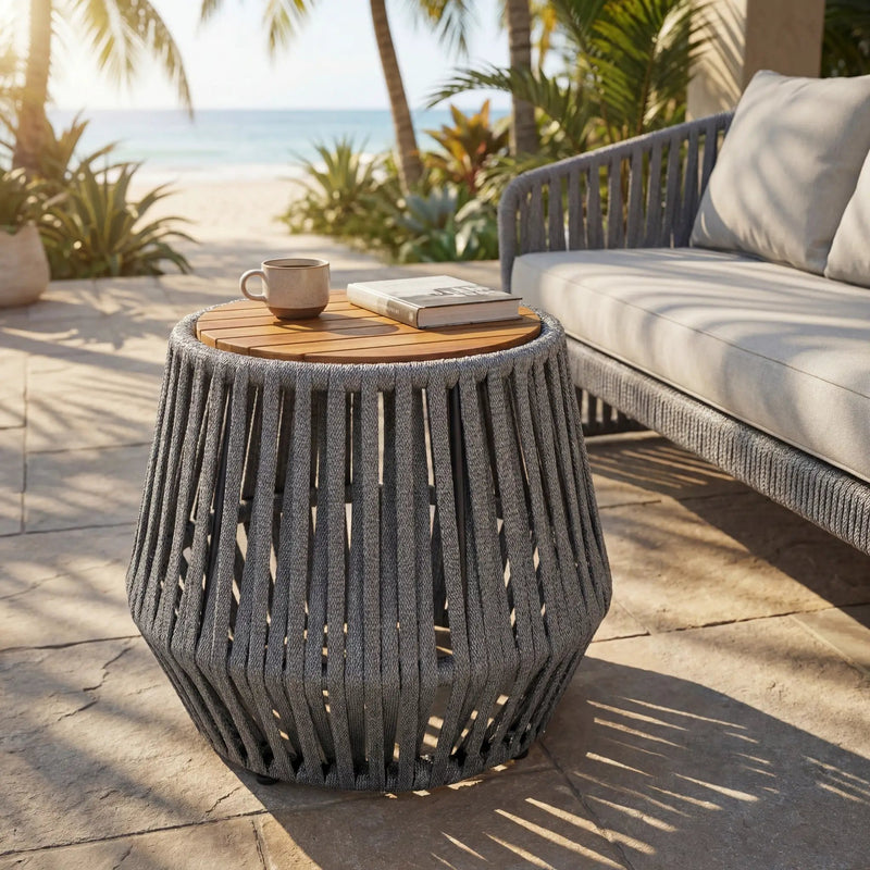 Outdoor Side Table with Rope and Acacia Wood by HouseOfZazla