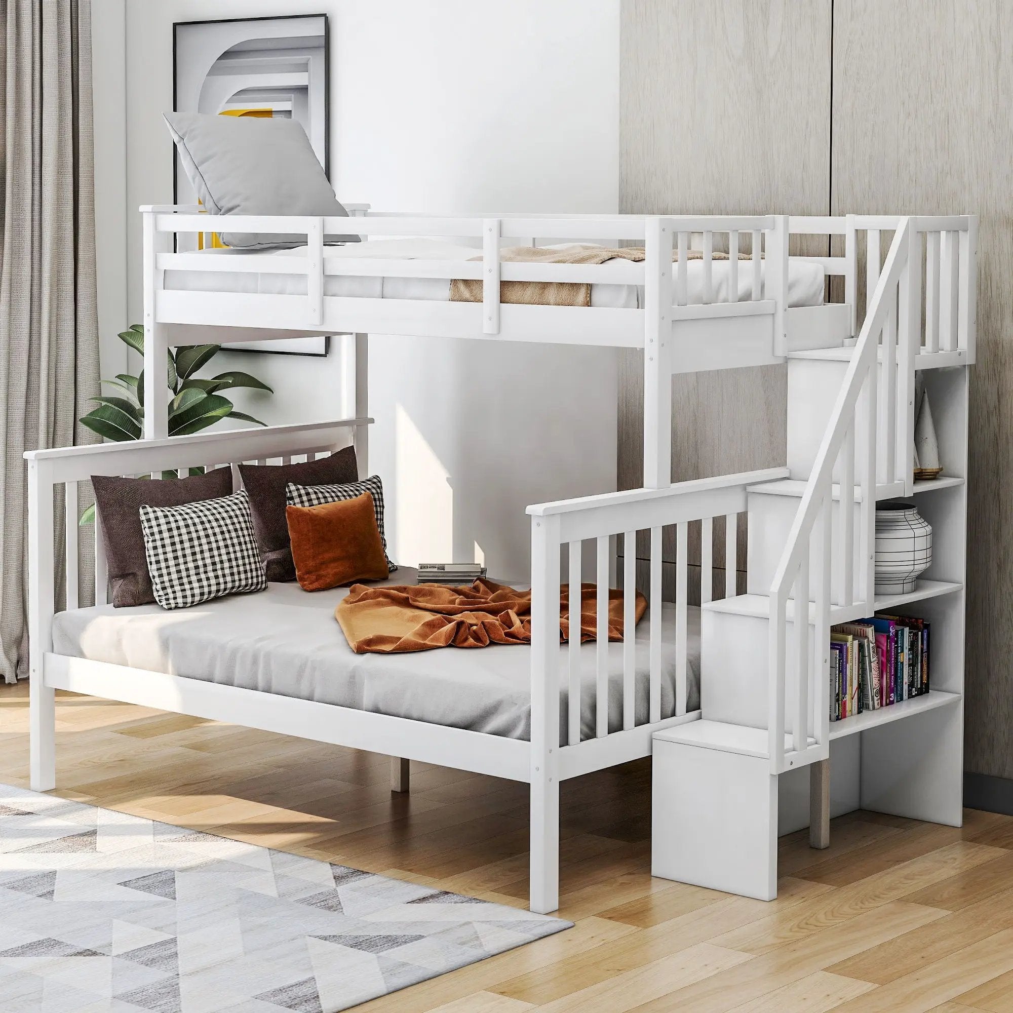Stairway Bunk Bed With Storage And Guard Rail For Bedroom by HouseOfZazla