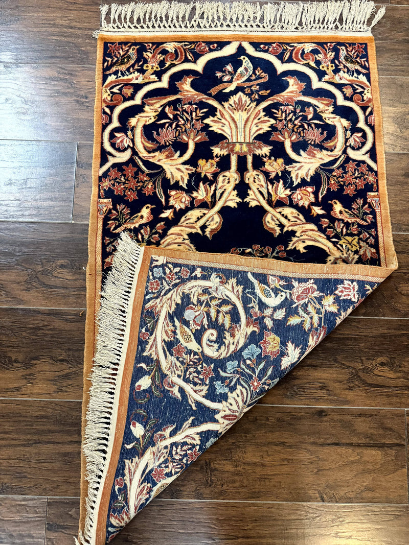 Persian Isfahan Rug 2x4, Birds, Navy Blue, Kork Wool on Silk Foundation, 460 KPSI by Jewel Rugs