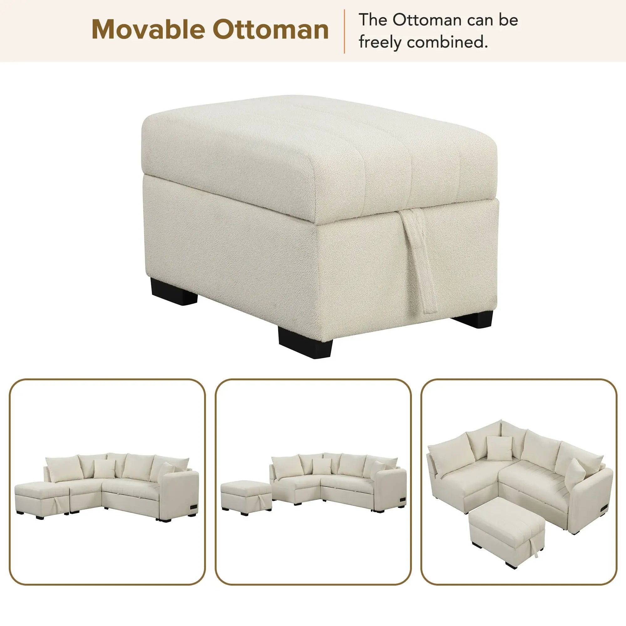 L-Shaped Sectional Pull Out Sofa Bed Sleeper Sofa With Two USB Ports, Two Power Sockets And A Movable Storage Ottoman by Unique Piece Furniture