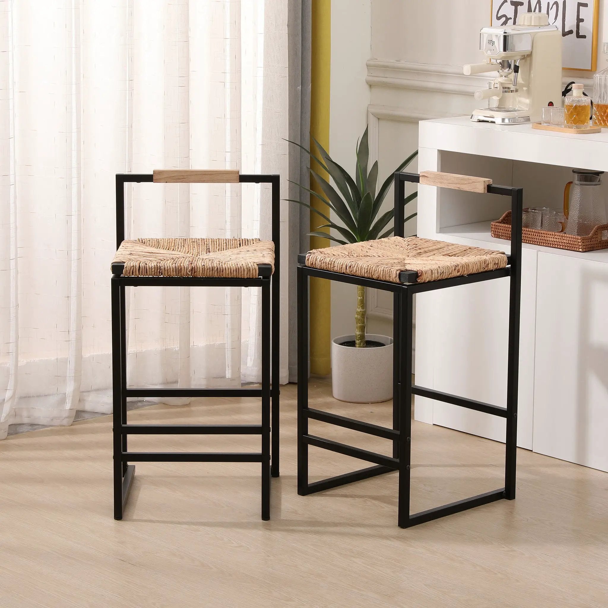 Water Hyacinth Woven Bar Stools With Back Support, Counter Height Dining Chairs (Set of 2) - Natural by HouseOfZazla