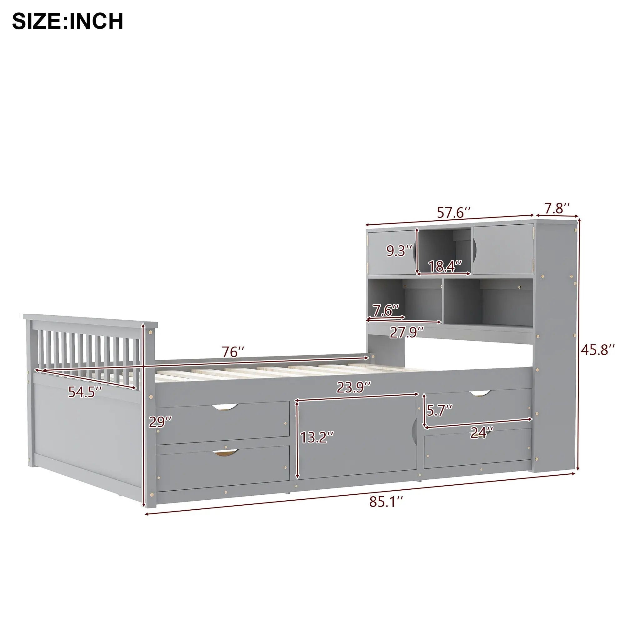Captain Platform Bed Frame With Bookcase Headboard, 4 Drawers, Storage Shelves by Unique Piece Furniture