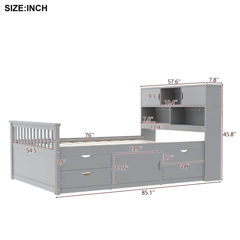 Captain Platform Bed Frame With Bookcase Headboard, 4 Drawers, Storage Shelves by Unique Piece Furniture
