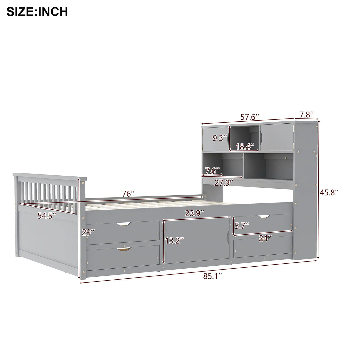 Captain Platform Bed Frame With Bookcase Headboard, 4 Drawers, Storage Shelves by HouseOfZazla