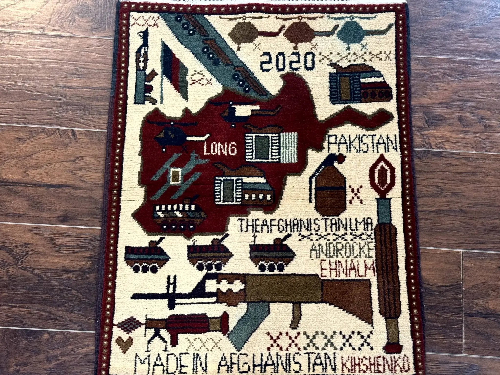 Afghan War Rug 2 x 2.6, Guns Tanks Helicopters by Jewel Rugs