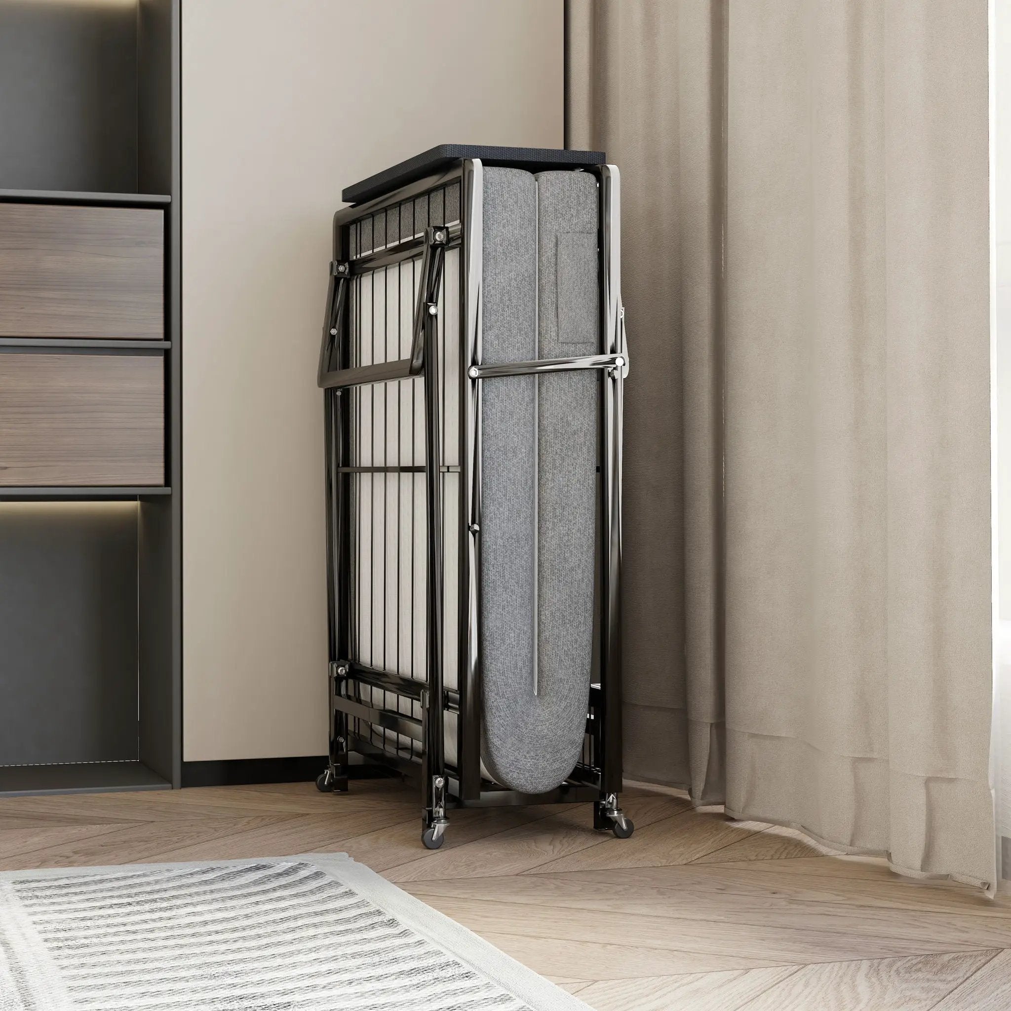 Modern Metal Folding Bed Frame With Foam Mattress, Easy Storage & Mobility - Black by Unique Piece Furniture