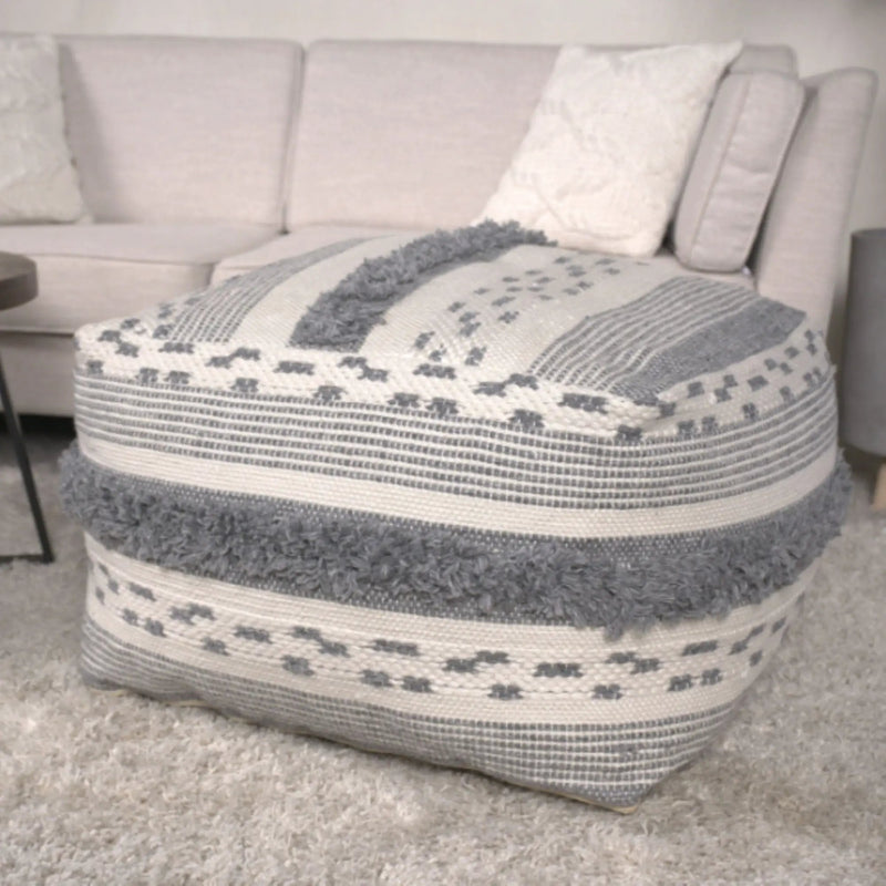 Karim - Faux Yarn Large Pouf, Durable - Ivory / Gray by Unique Piece Furniture