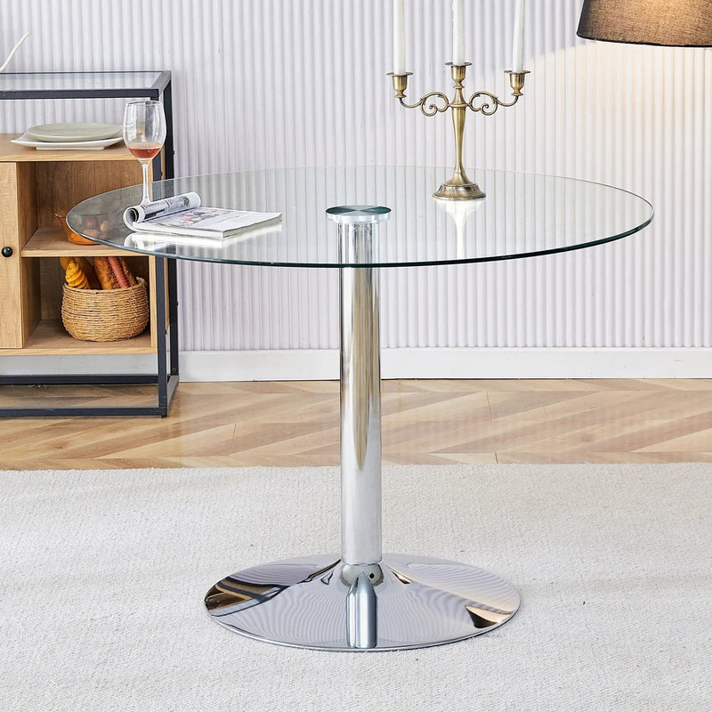 Modern Minimalist Circular Dining Table With Glass Top And Electroplated Metal Legs For Restaurants And Living Rooms - Silver / Transparent by Unique Piece Furniture