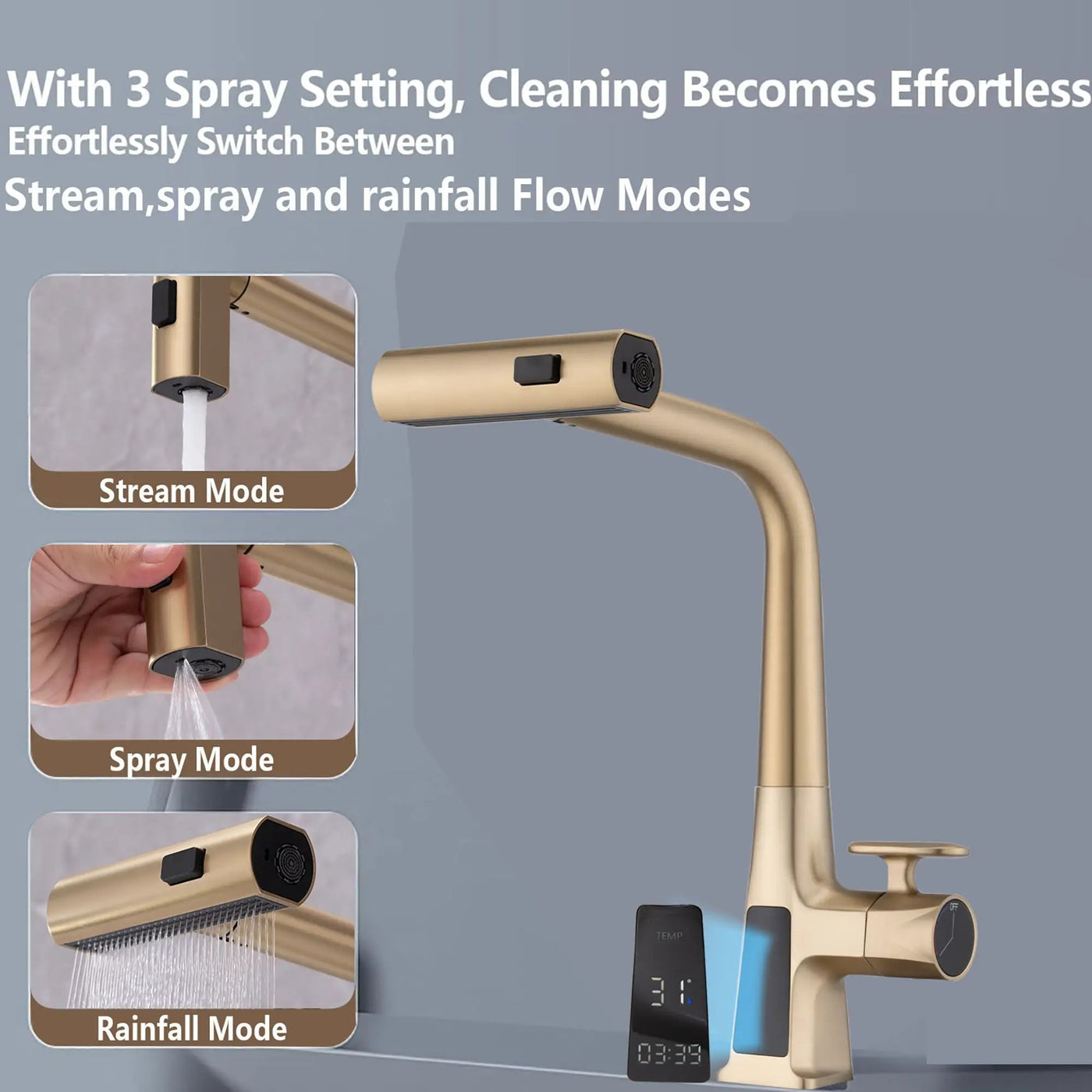 Waterfall Kitchen Faucet With Temperature Display And Pull Down Sprayer by HouseOfZazla