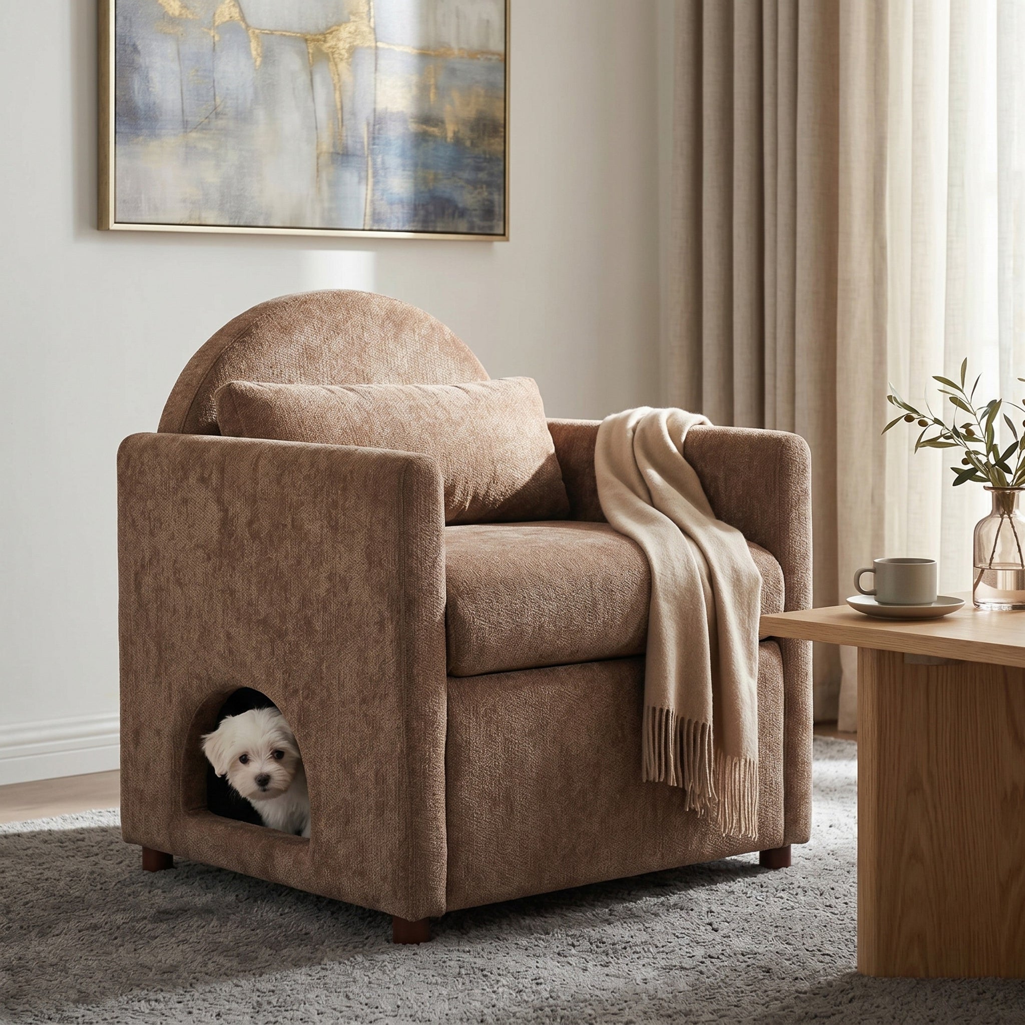 Coffee Pet Friendly Accent Chair with Hidden Pet Nook by HouseOfZazla
