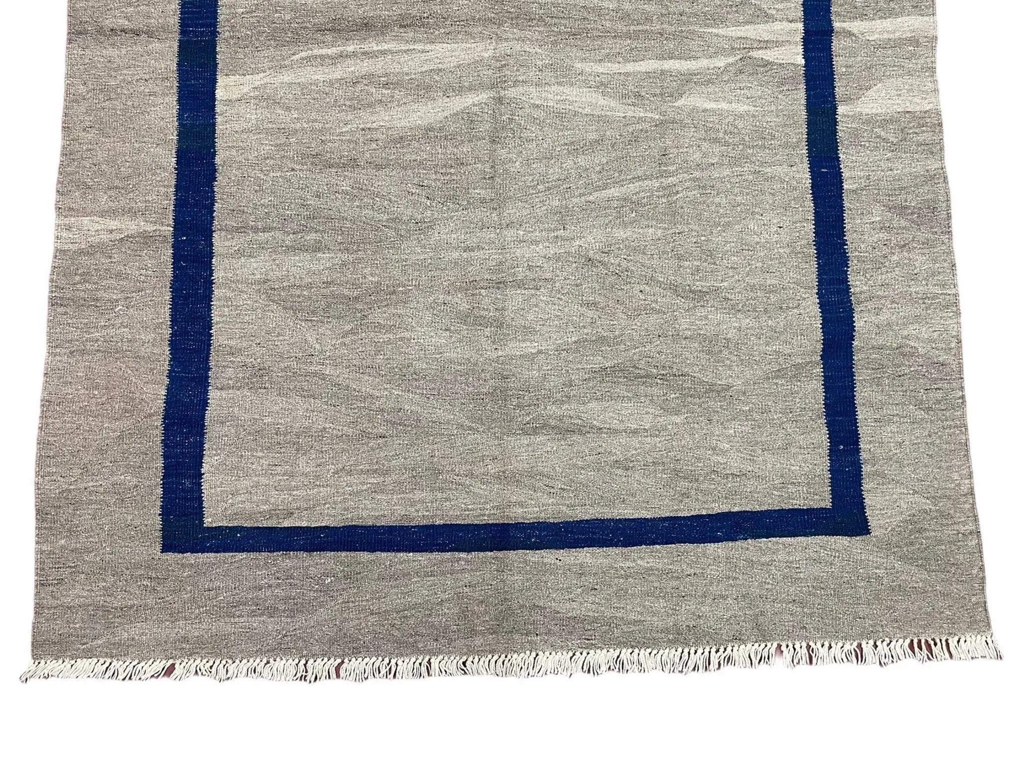 Geometric Turkish Kilim Rug 5' 7" x 7' 9", Flatweave Carpet, Minimal Design, Anatolian Carpet, Gray, Geometric, Dark Blue, Hand-Knotted, New by Jewel Rugs