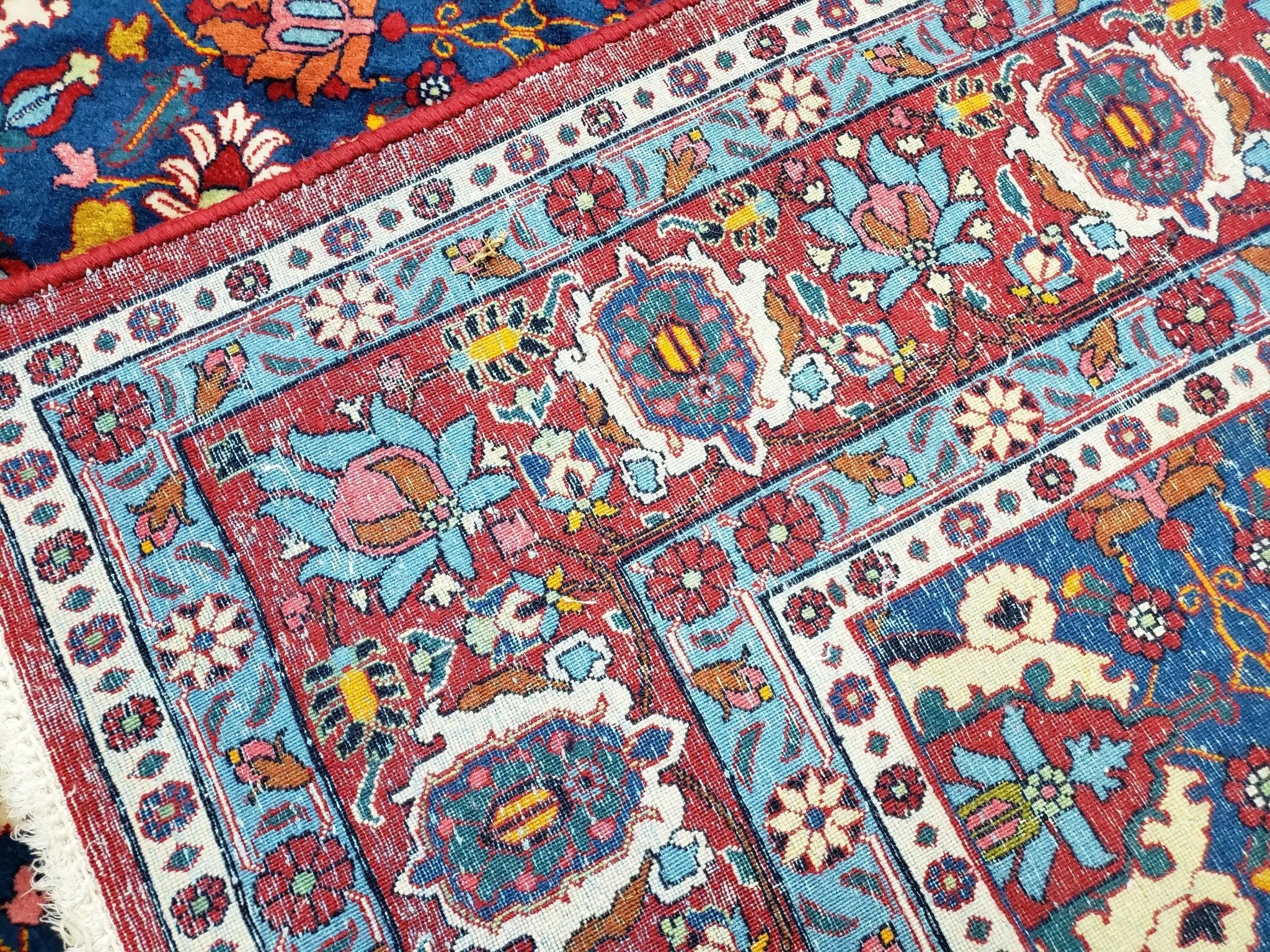 Rare Antique Persian Veramin Carpet, Mina-Khani Pattern, Blue, Red, Ivory, 7x11 ft, Hand-Knotted, Wool by Jewel Rugs