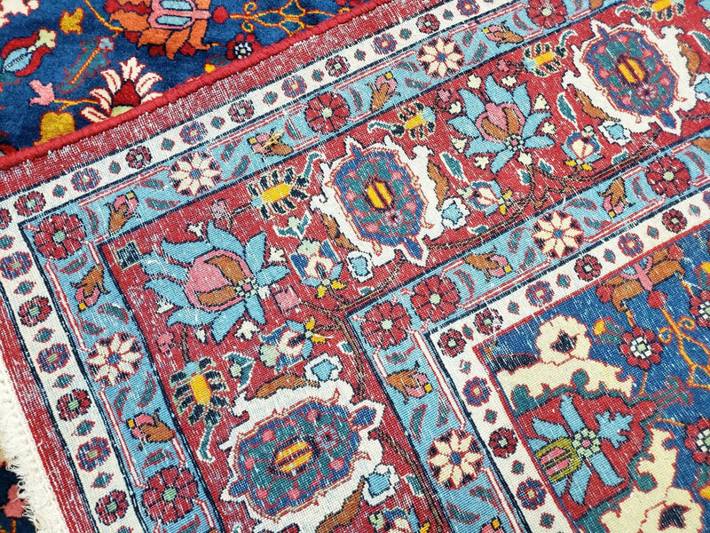 Rare Antique Persian Veramin Carpet, Mina-Khani Pattern, Blue, Red, Ivory, 7x11 ft, Hand-Knotted, Wool by Jewel Rugs