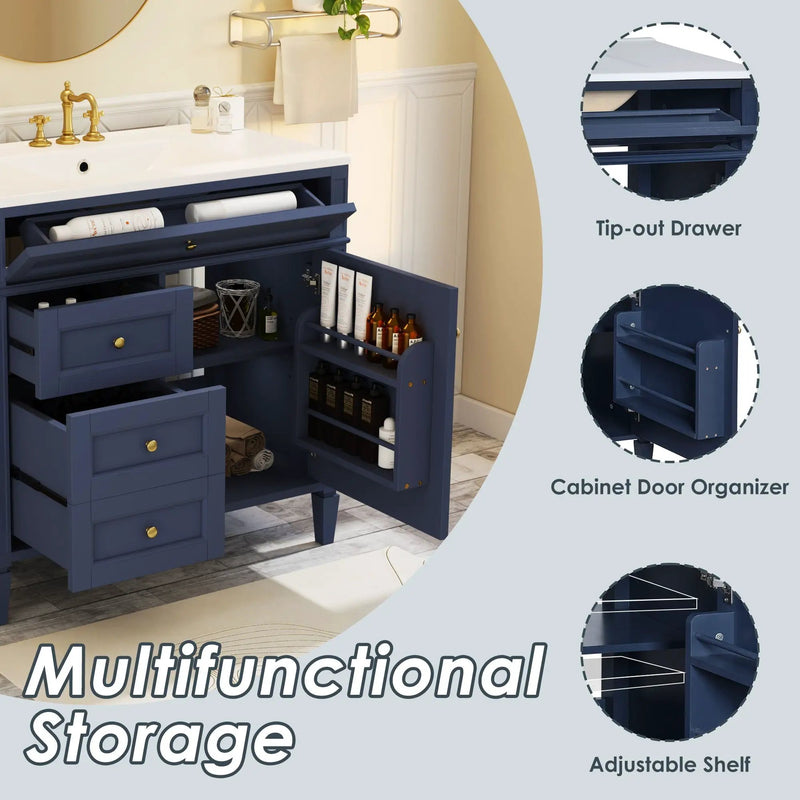 Bathroom Vanity With Top Sink, Modern Bathroom Storage Cabinet, 2 Drawers And A Tip-Out Drawer, Single Sink Bathroom Vanity - Blue by Unique Piece Furniture