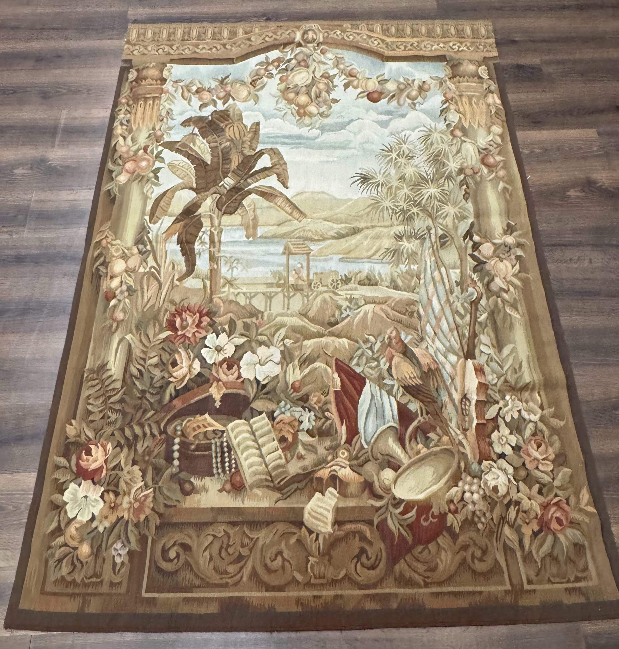 Vintage French Tapestry 5x7, Handmade, Wool, Aubusson Weave by Jewel Rugs