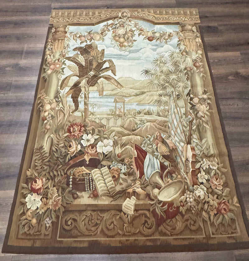 Vintage French Tapestry 5x7, Handmade, Wool, Aubusson Weave by Jewel Rugs