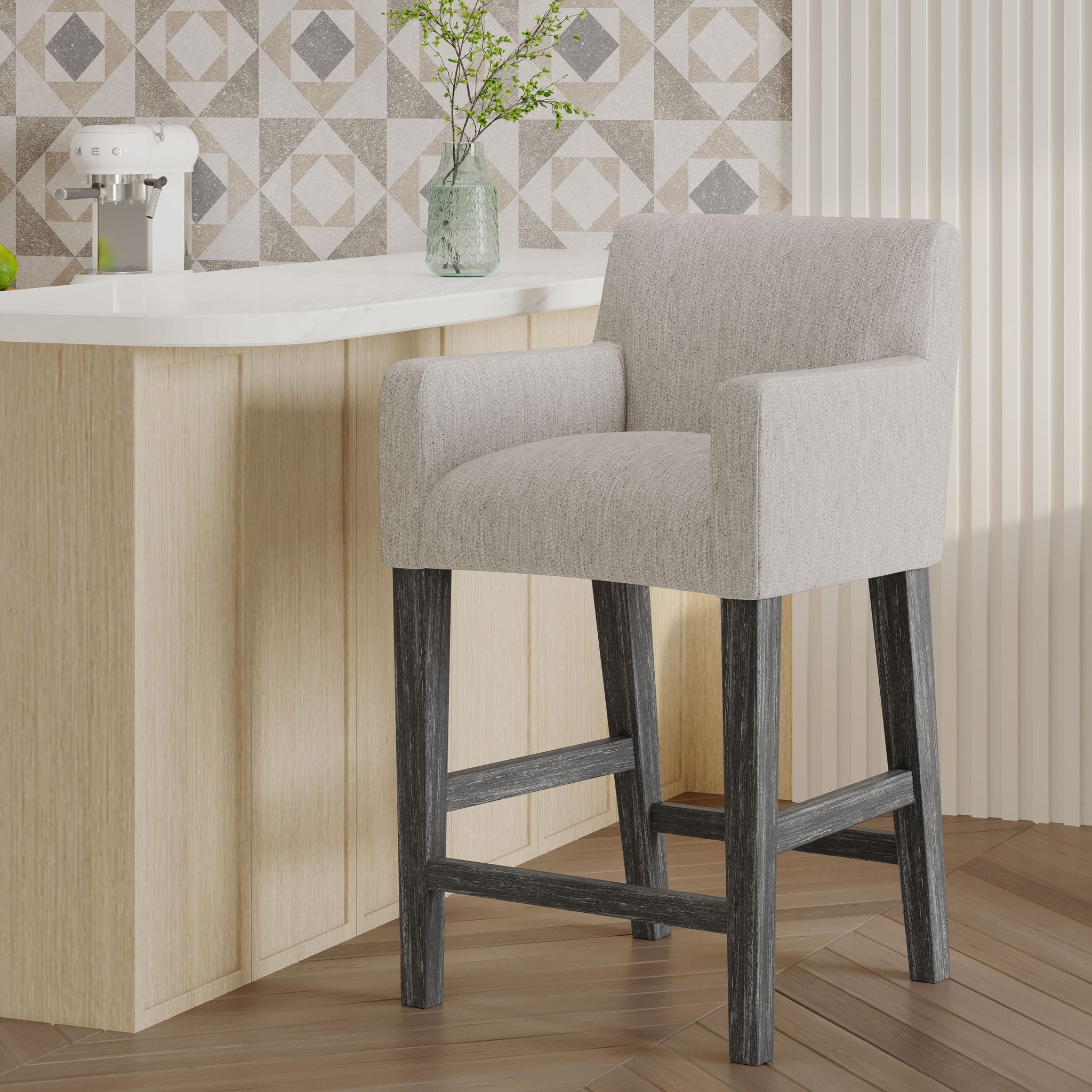 Charmed Upholstered Counter Stool with H-Frame Base and Round Arms by HouseOfZazla