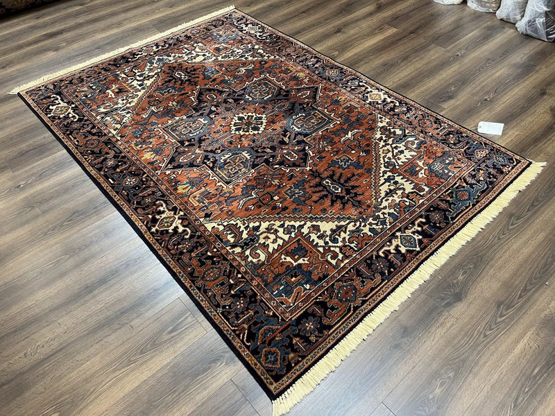 Heriz Rug 5.6 x 8, Geometric Medallion, Wool Oriental Carpet, Tribal Boho Rug, Red Navy Blue Cream, Belgium Power Loomed Rug, Medium Sized by Jewel Rugs