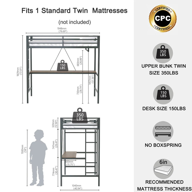 Adam - Twin Loft Bunk Bed With Cinnamon Wood Desk And Closet Rod - Black by HouseOfZazla